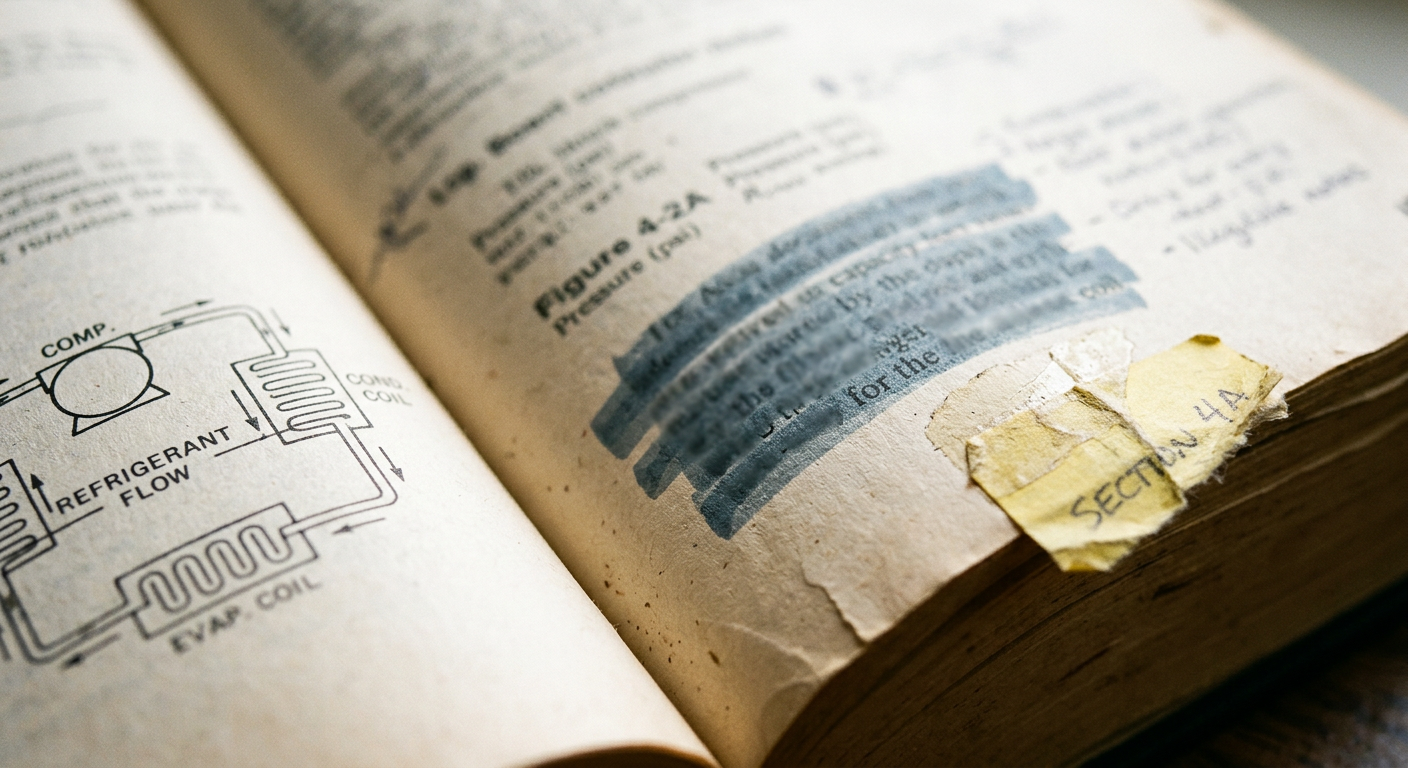 A highlighted passage in an open HVAC reference manual, marking the exact page an answer comes from