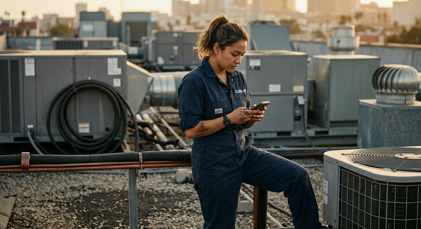 An HVAC trainee in coveralls checking a phone on a rooftop beside condenser units